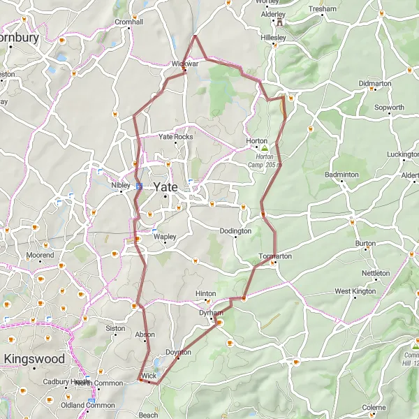 Map miniature of "Tranquil Gravel Ride in Gloucestershire" cycling inspiration in Gloucestershire, Wiltshire and Bristol/Bath area, United Kingdom. Generated by Tarmacs.app cycling route planner