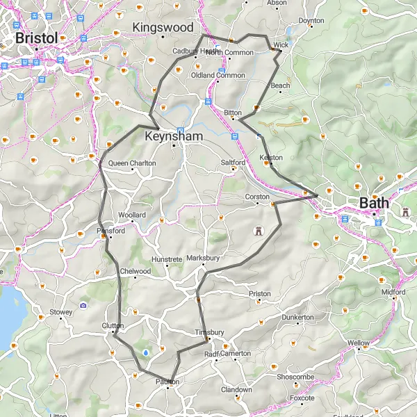 Map miniature of "Scenic Cycling Tour near Bristol" cycling inspiration in Gloucestershire, Wiltshire and Bristol/Bath area, United Kingdom. Generated by Tarmacs.app cycling route planner