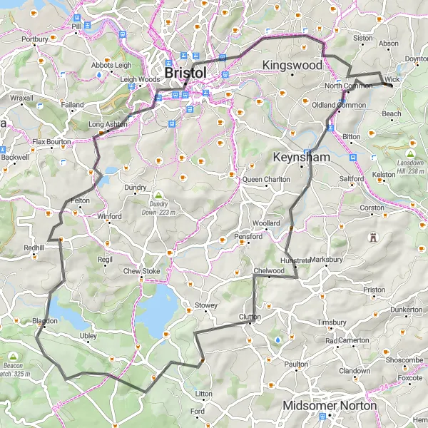 Map miniature of "Bristol-Bath Cycling Extravaganza" cycling inspiration in Gloucestershire, Wiltshire and Bristol/Bath area, United Kingdom. Generated by Tarmacs.app cycling route planner