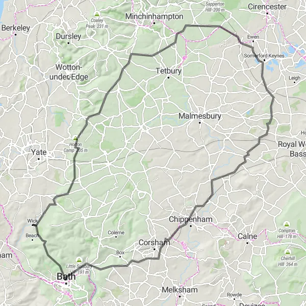 Map miniature of "Historic Tour through Chippenham and Bath" cycling inspiration in Gloucestershire, Wiltshire and Bristol/Bath area, United Kingdom. Generated by Tarmacs.app cycling route planner