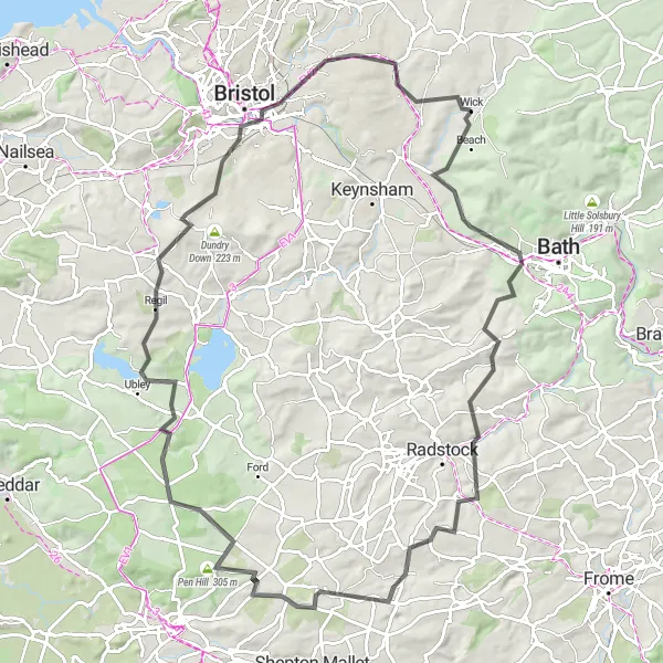 Map miniature of "Scenic Hill Climbing Adventure" cycling inspiration in Gloucestershire, Wiltshire and Bristol/Bath area, United Kingdom. Generated by Tarmacs.app cycling route planner