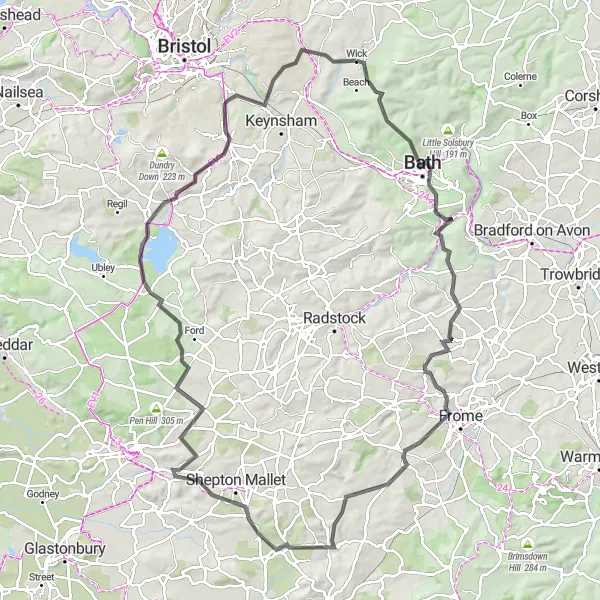 Map miniature of "The Gloucestershire Challenge" cycling inspiration in Gloucestershire, Wiltshire and Bristol/Bath area, United Kingdom. Generated by Tarmacs.app cycling route planner