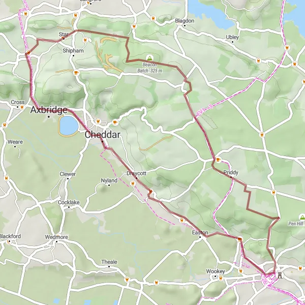 Map miniature of "Rowberrow and Gentleshaw Combe" cycling inspiration in Gloucestershire, Wiltshire and Bristol/Bath area, United Kingdom. Generated by Tarmacs.app cycling route planner