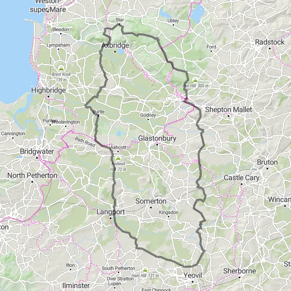 Map miniature of "Mendip Hills Loop" cycling inspiration in Gloucestershire, Wiltshire and Bristol/Bath area, United Kingdom. Generated by Tarmacs.app cycling route planner