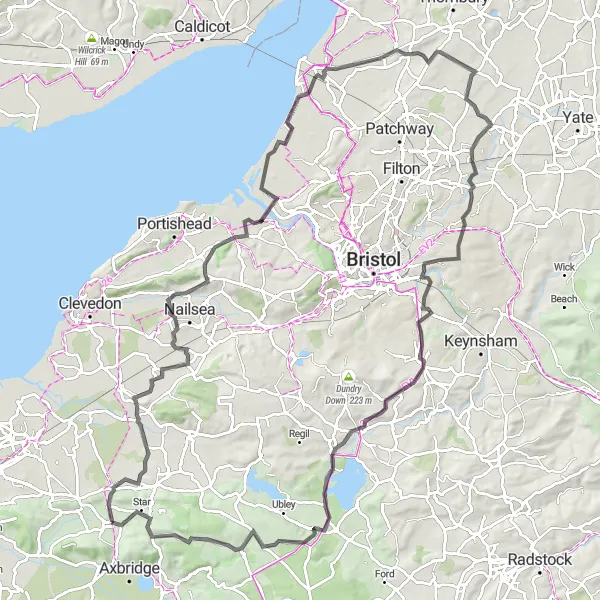 Map miniature of "Chew Valley Lake and Mendip Hills" cycling inspiration in Gloucestershire, Wiltshire and Bristol/Bath area, United Kingdom. Generated by Tarmacs.app cycling route planner