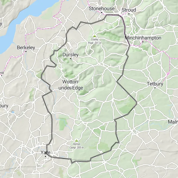 Map miniature of "Yate Loop" cycling inspiration in Gloucestershire, Wiltshire and Bristol/Bath area, United Kingdom. Generated by Tarmacs.app cycling route planner