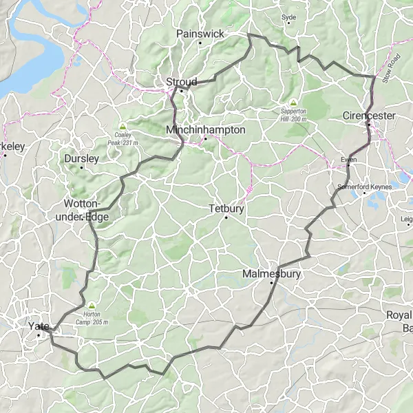 Map miniature of "Chipping Sodbury to Grittleton" cycling inspiration in Gloucestershire, Wiltshire and Bristol/Bath area, United Kingdom. Generated by Tarmacs.app cycling route planner