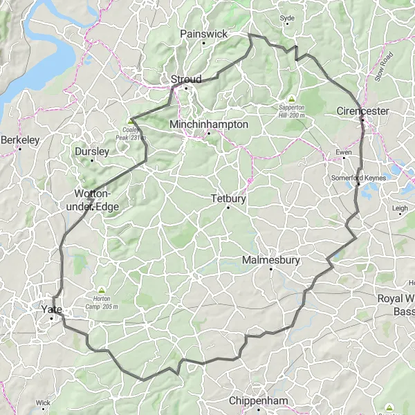Map miniature of "Yate to Cirencester Loop" cycling inspiration in Gloucestershire, Wiltshire and Bristol/Bath area, United Kingdom. Generated by Tarmacs.app cycling route planner