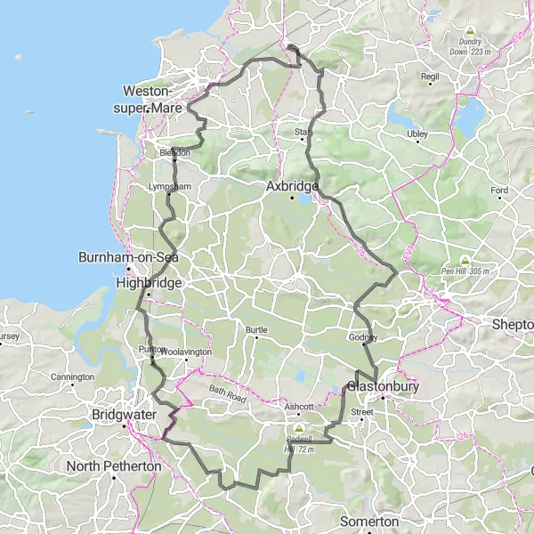 Map miniature of "Yatton Heritage Road Tour" cycling inspiration in Gloucestershire, Wiltshire and Bristol/Bath area, United Kingdom. Generated by Tarmacs.app cycling route planner