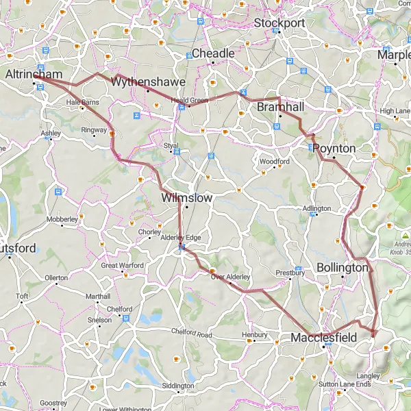 Map miniature of "Cheshire Gravel Adventure" cycling inspiration in Greater Manchester, United Kingdom. Generated by Tarmacs.app cycling route planner