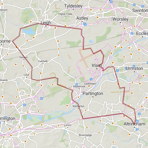 Map miniature of "Altrincham and Leigh Gravel Loop" cycling inspiration in Greater Manchester, United Kingdom. Generated by Tarmacs.app cycling route planner