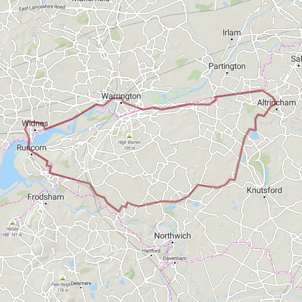 Map miniature of "Lymm and Warrington Gravel Adventure" cycling inspiration in Greater Manchester, United Kingdom. Generated by Tarmacs.app cycling route planner