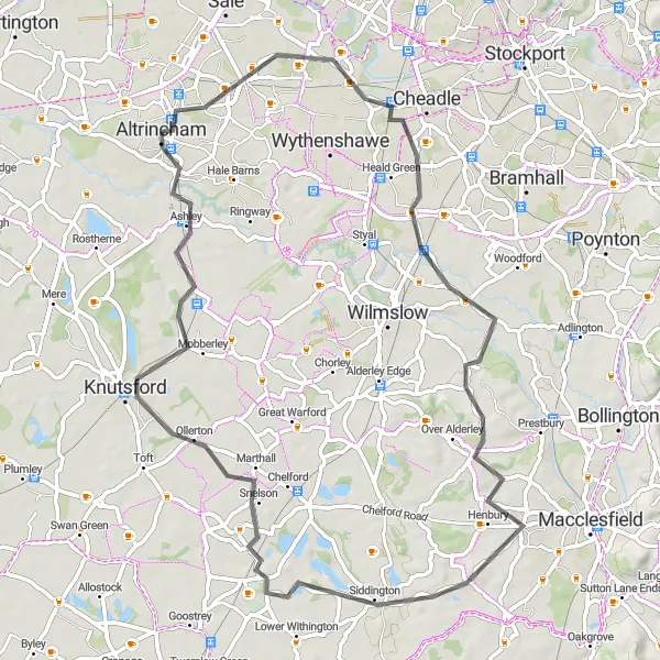 Map miniature of "Exploring Cheshire's Countryside" cycling inspiration in Greater Manchester, United Kingdom. Generated by Tarmacs.app cycling route planner