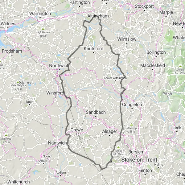 Map miniature of "Cheshire and Peak District Explorer" cycling inspiration in Greater Manchester, United Kingdom. Generated by Tarmacs.app cycling route planner