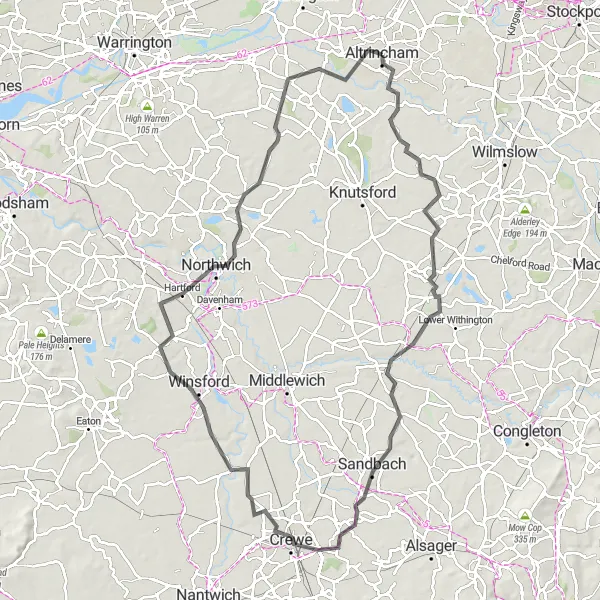 Map miniature of "Cheshire Countryside Escape" cycling inspiration in Greater Manchester, United Kingdom. Generated by Tarmacs.app cycling route planner