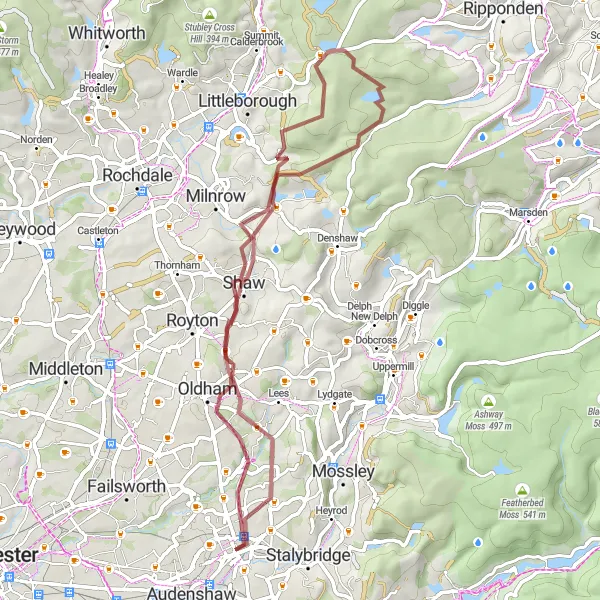 Map miniature of "Oldham Edge and Blackstone Edge Gravel Loop" cycling inspiration in Greater Manchester, United Kingdom. Generated by Tarmacs.app cycling route planner