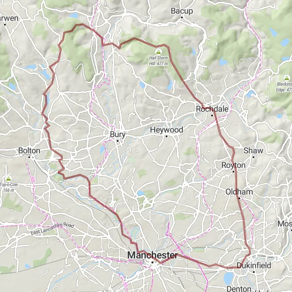 Map miniature of "Moors and Hills Gravel Route" cycling inspiration in Greater Manchester, United Kingdom. Generated by Tarmacs.app cycling route planner