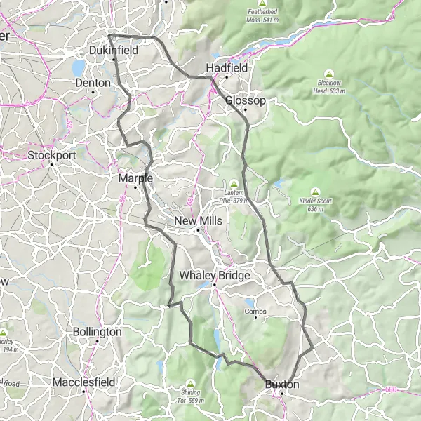 Map miniature of "Glossop and Corbar Hill Loop" cycling inspiration in Greater Manchester, United Kingdom. Generated by Tarmacs.app cycling route planner