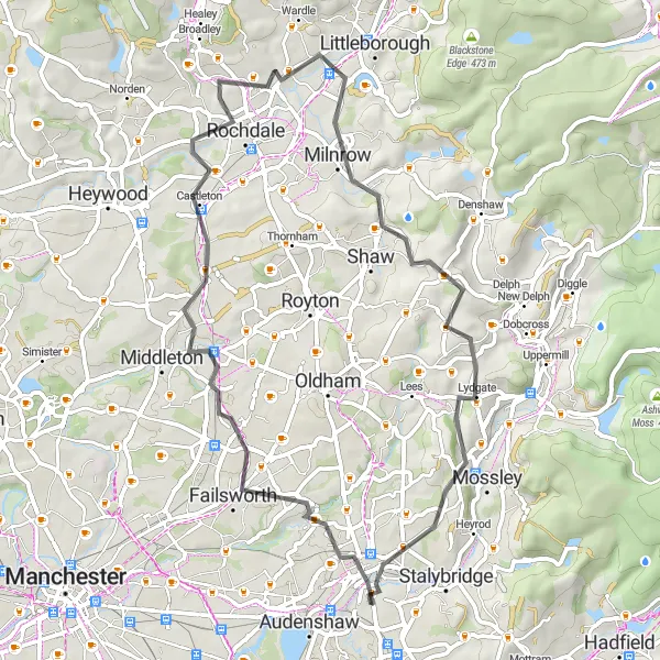 Map miniature of "Failsworth and Rochdale Loop" cycling inspiration in Greater Manchester, United Kingdom. Generated by Tarmacs.app cycling route planner