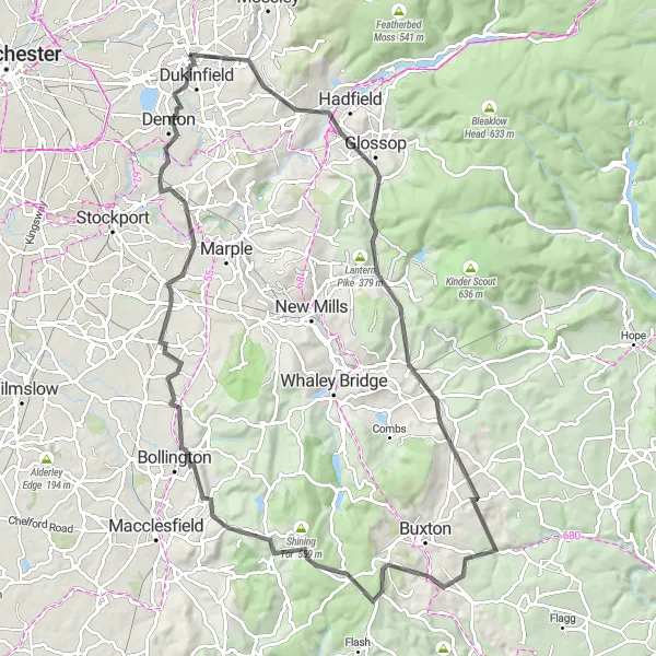 Map miniature of "Peak District Loop" cycling inspiration in Greater Manchester, United Kingdom. Generated by Tarmacs.app cycling route planner