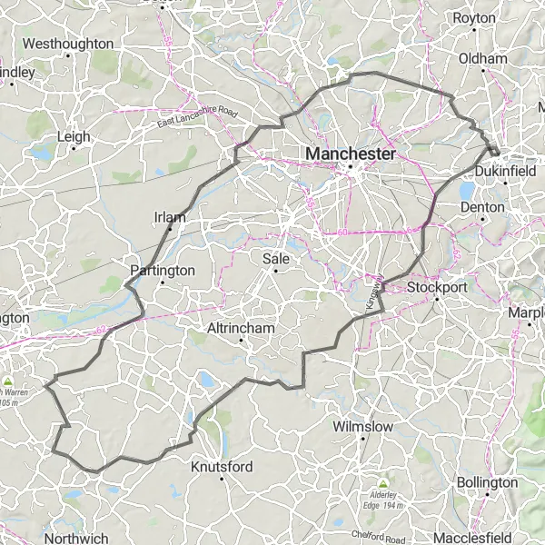 Map miniature of "Cheshire Countryside Loop" cycling inspiration in Greater Manchester, United Kingdom. Generated by Tarmacs.app cycling route planner