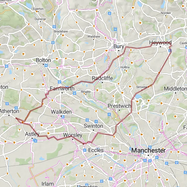 Map miniature of "The Radcliffe Gravel Loop" cycling inspiration in Greater Manchester, United Kingdom. Generated by Tarmacs.app cycling route planner