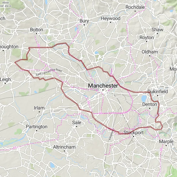 Map miniature of "The Farnworth and Prestwich Gravel Loop" cycling inspiration in Greater Manchester, United Kingdom. Generated by Tarmacs.app cycling route planner