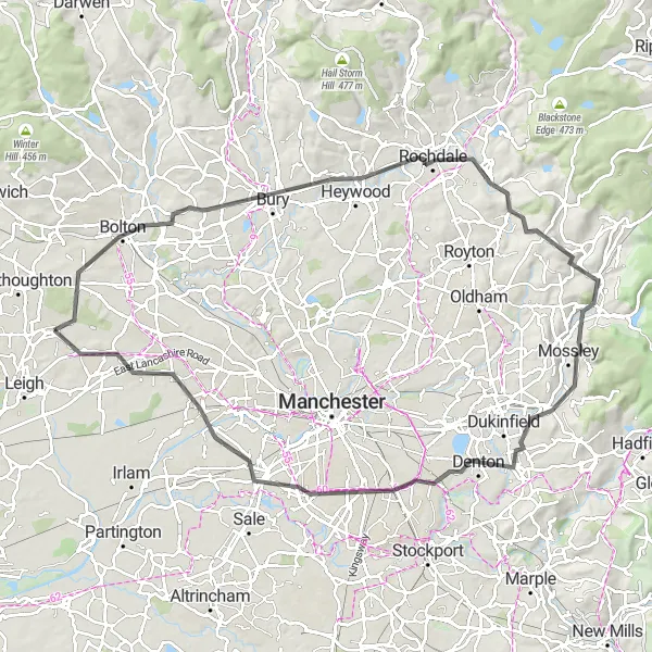 Map miniature of "The Top-o-Cow Road Cycling Expedition" cycling inspiration in Greater Manchester, United Kingdom. Generated by Tarmacs.app cycling route planner