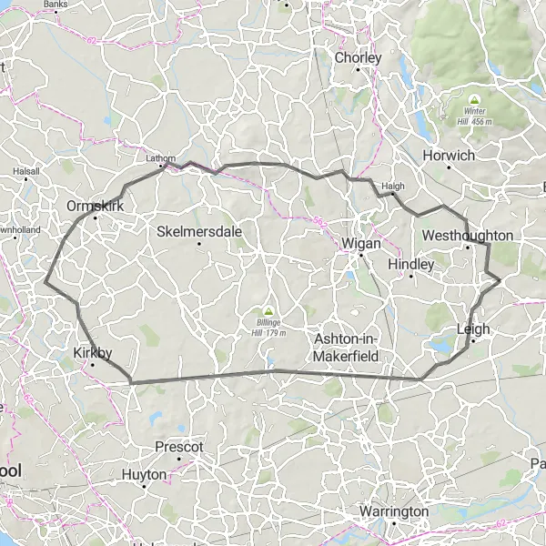 Map miniature of "The Hills and Valleys" cycling inspiration in Greater Manchester, United Kingdom. Generated by Tarmacs.app cycling route planner