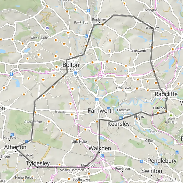 Map miniature of "Atherton to Radcliffe Loop" cycling inspiration in Greater Manchester, United Kingdom. Generated by Tarmacs.app cycling route planner