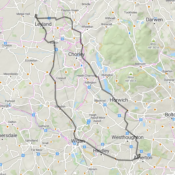 Map miniature of "Atherton to Horwich Loop" cycling inspiration in Greater Manchester, United Kingdom. Generated by Tarmacs.app cycling route planner