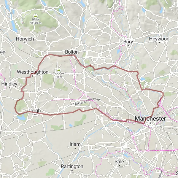 Map miniature of "The Manchester Gravel Challenge" cycling inspiration in Greater Manchester, United Kingdom. Generated by Tarmacs.app cycling route planner