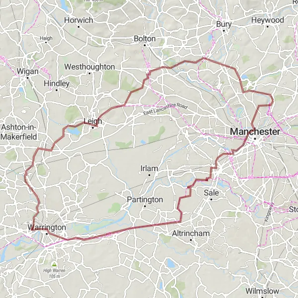 Map miniature of "The Cheshire Gravel Escape" cycling inspiration in Greater Manchester, United Kingdom. Generated by Tarmacs.app cycling route planner