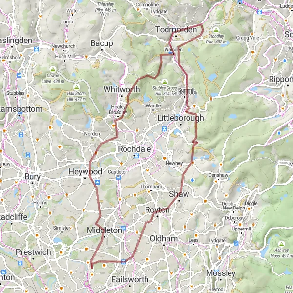 Map miniature of "Exploring the Pennine Valleys" cycling inspiration in Greater Manchester, United Kingdom. Generated by Tarmacs.app cycling route planner