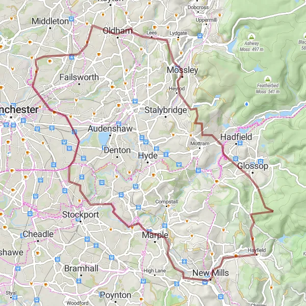 Map miniature of "Peak District Gravel Escape" cycling inspiration in Greater Manchester, United Kingdom. Generated by Tarmacs.app cycling route planner