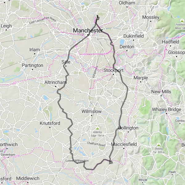 Map miniature of "A Scenic Road Adventure" cycling inspiration in Greater Manchester, United Kingdom. Generated by Tarmacs.app cycling route planner