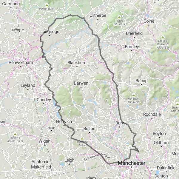 Map miniature of "Salford Hills and Beyond" cycling inspiration in Greater Manchester, United Kingdom. Generated by Tarmacs.app cycling route planner