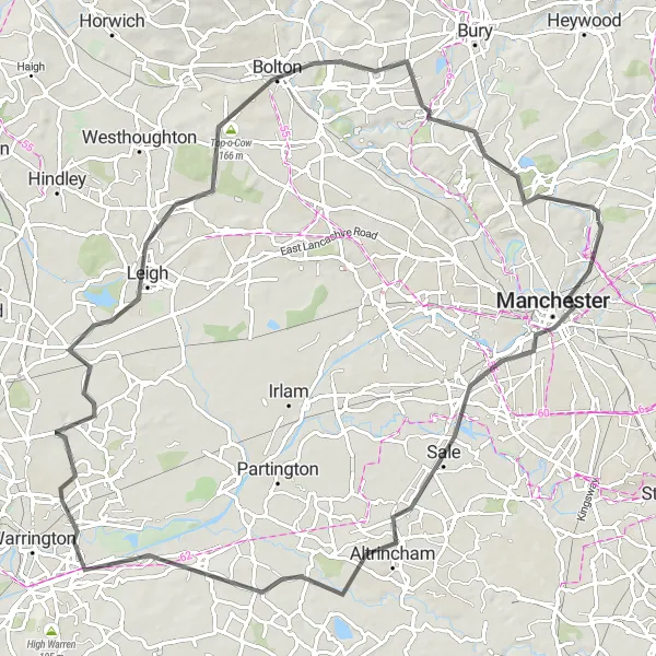 Map miniature of "Cheshire Countryside Road Loop" cycling inspiration in Greater Manchester, United Kingdom. Generated by Tarmacs.app cycling route planner