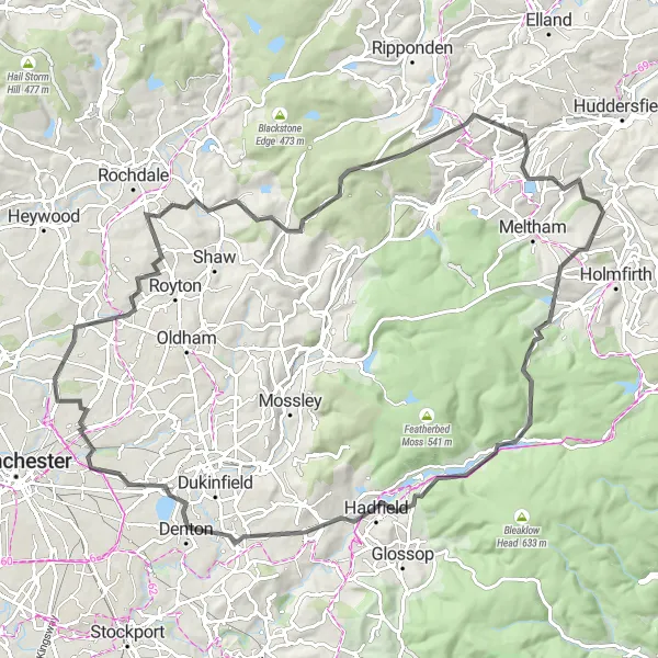 Map miniature of "Manchester Road Challenge" cycling inspiration in Greater Manchester, United Kingdom. Generated by Tarmacs.app cycling route planner