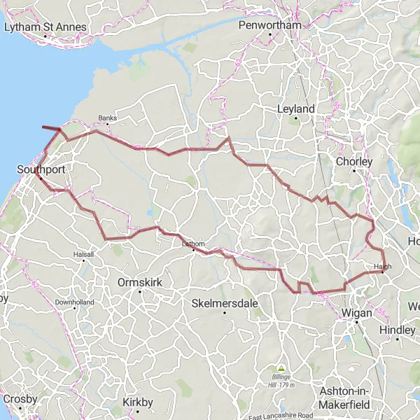 Map miniature of "Blackrod and Southport Gravel Adventure" cycling inspiration in Greater Manchester, United Kingdom. Generated by Tarmacs.app cycling route planner