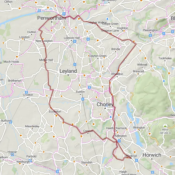 Map miniature of "Blackrod to Preston Loop" cycling inspiration in Greater Manchester, United Kingdom. Generated by Tarmacs.app cycling route planner