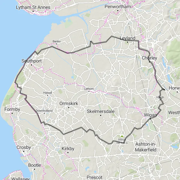 Map miniature of "Blackrod to Chorley and Back" cycling inspiration in Greater Manchester, United Kingdom. Generated by Tarmacs.app cycling route planner