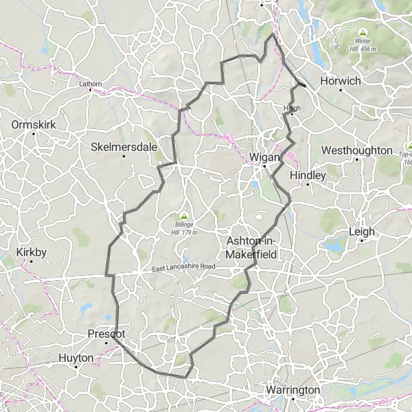 Map miniature of "Blackrod to Ashton-in-Makerfield Loop" cycling inspiration in Greater Manchester, United Kingdom. Generated by Tarmacs.app cycling route planner