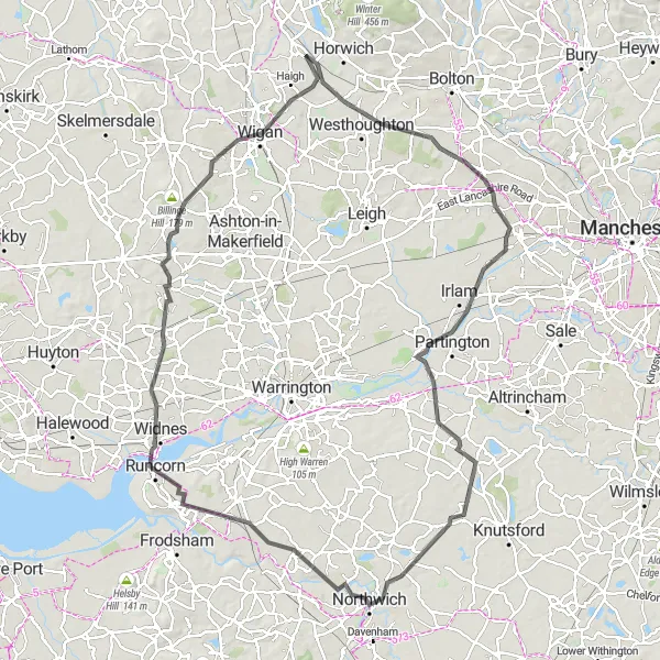 Map miniature of "Westhoughton and Wincham Adventure" cycling inspiration in Greater Manchester, United Kingdom. Generated by Tarmacs.app cycling route planner
