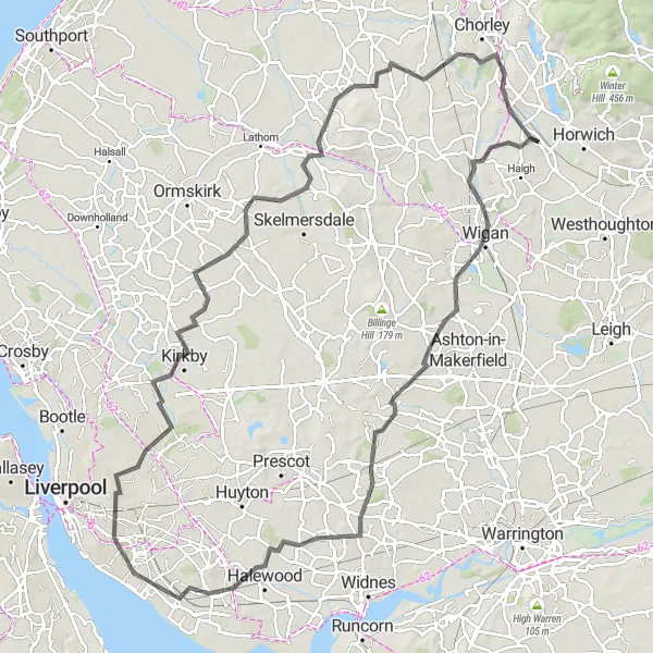 Map miniature of "Wigan to Charnock Richard Circular" cycling inspiration in Greater Manchester, United Kingdom. Generated by Tarmacs.app cycling route planner