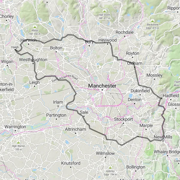 Map miniature of "Blackrod to Stalybridge Loop" cycling inspiration in Greater Manchester, United Kingdom. Generated by Tarmacs.app cycling route planner