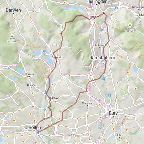 Map miniature of "Edgworth Gravel Adventure" cycling inspiration in Greater Manchester, United Kingdom. Generated by Tarmacs.app cycling route planner