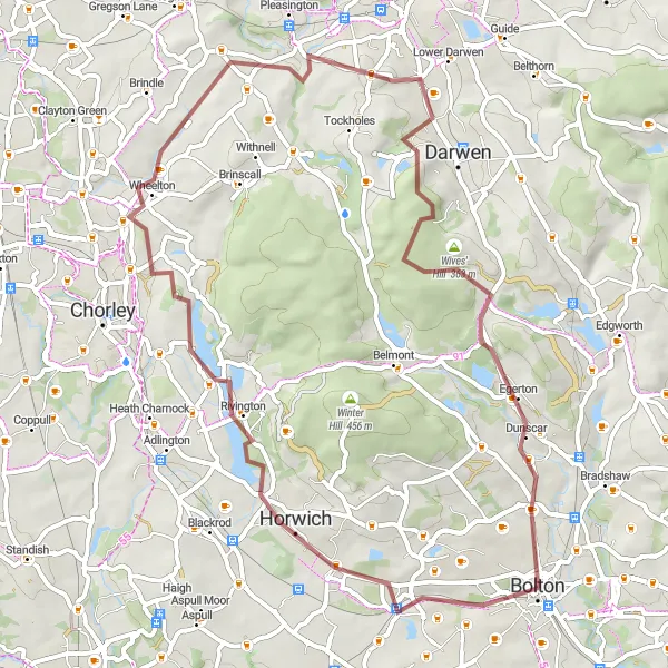 Map miniature of "The Gravel Adventure" cycling inspiration in Greater Manchester, United Kingdom. Generated by Tarmacs.app cycling route planner