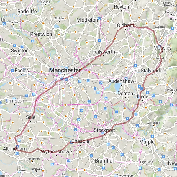 Map miniature of "Manchester and Stalybridge Gravel Route" cycling inspiration in Greater Manchester, United Kingdom. Generated by Tarmacs.app cycling route planner