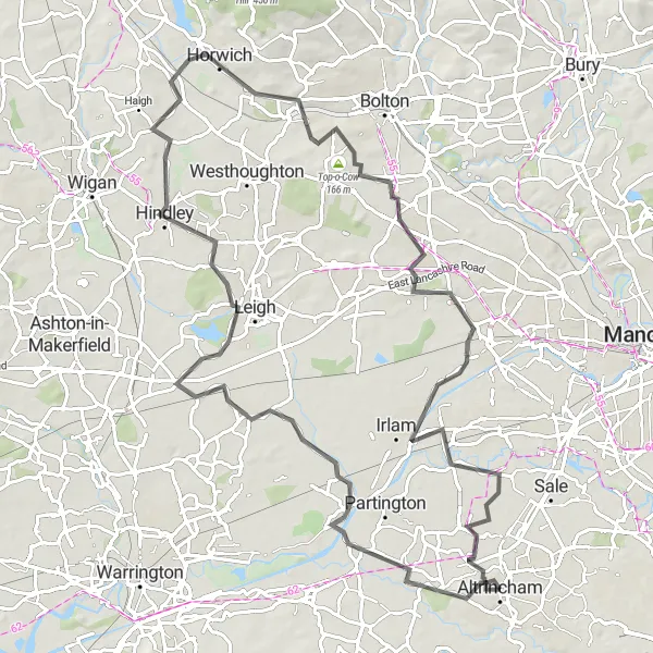 Map miniature of "Altrincham and Worsley Road Route" cycling inspiration in Greater Manchester, United Kingdom. Generated by Tarmacs.app cycling route planner